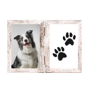 Distressed white wooden double hinged picture frame for DIY dog paw print memorial