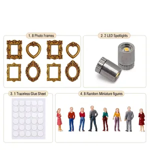 Complete accessory kit for DIY mini museum with frames, LED lights and tiny figures