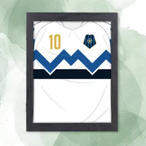 Close-up of a premium black wooden jersey display frame showcasing a soccer shirt