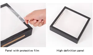 Detalle de marco de caja con película protectora y panel de alta definición