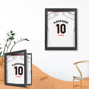 Black wood jersey shadow box frame with magnetic flip-open door for sports shirt display.