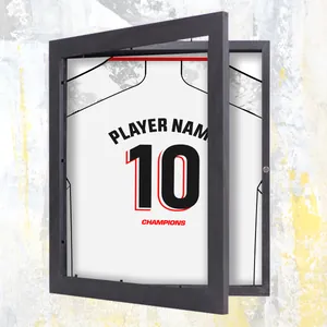 Detailed side view of black magnetic jersey display frame with flip-open lid