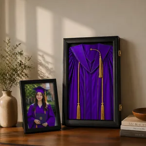 Black shadow box frame displaying a purple graduation gown with a matching photo frame