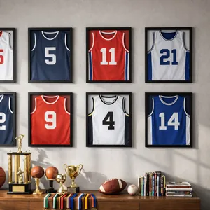 Detailed view of wall-mounted black jersey display frames in a sports-themed room.