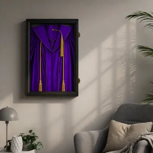 Premium 20 inch black shadow box frame displaying a purple graduation gown on a wall