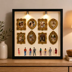 Detailed view of DIY mini museum shadow box with ornate gold frames and figurines