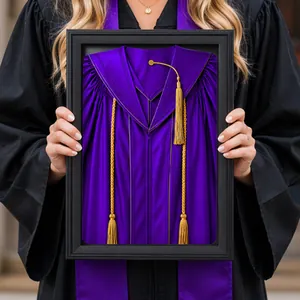 Close-up of a 20 inch black shadow box frame displaying a purple graduation gown