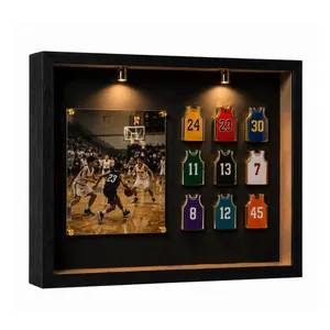 Magnetic Sports Jersey Badge Display Case Shadow Box With LED Lights For Basketball Football Memorabilia Black MDF Photo Frame Collector Museum Box
