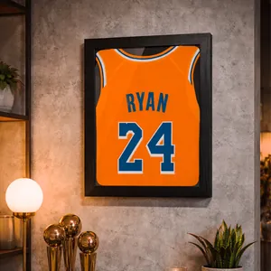 Premium black jersey display frame for sports memorabilia on modern textured wall