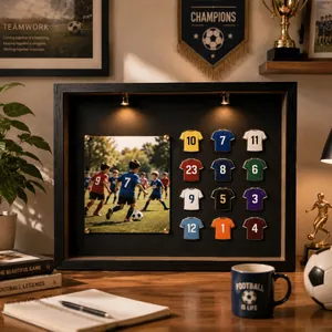 Premium display shadow box with LED lights showcasing a soccer jersey pins collection