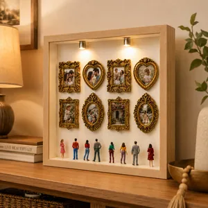 Detail view of DIY mini museum shadow box with gold frames and miniature figures