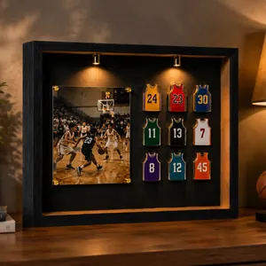 Detail of a sports shadow box featuring basketball jersey magnets and a game photo insert.