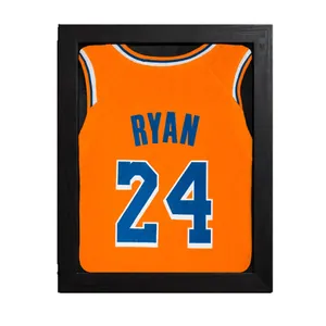 Professional black wooden jersey display frame shadow box with orange sports jersey