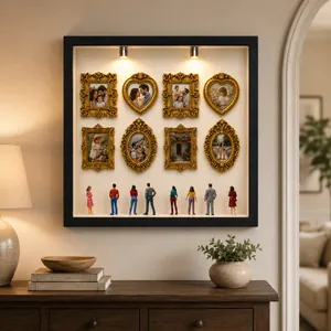 Detailed view of DIY mini museum silhouette box featuring ornate gold photo frames