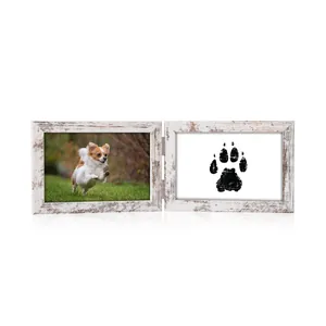 Rustic white wooden pet memorial hinged double photo frame with paw print detail