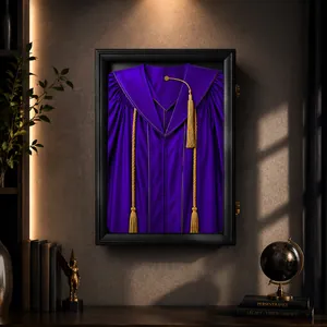 Detailed view of a premium 20-inch black shadow box for graduation gown display