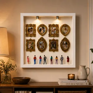 Close-up of DIY mini museum shadow box featuring ornate gold frames and miniature figures