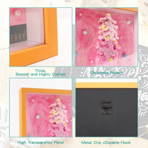 Detailed close-ups of DIY Christmas tree storage frame showing plush tree and metal hook