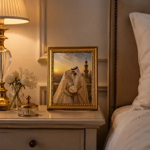 Verzierter goldener Vintage-Bilderrahmen auf einem Nachttisch mit eleganter Deko