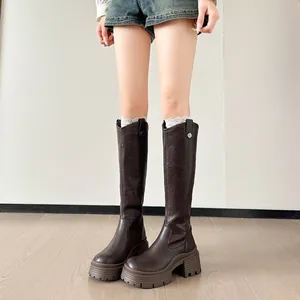Stylish dark brown high-knee knight boots with thick chunky platform soles and round toe