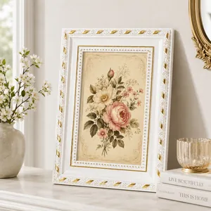 Elegante marco de fotos europeo blanco y dorado con detalle de impresión de arte floral vintage