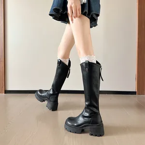 Black knee-high chunky heel platform boots for women below knee slimming knight boots
