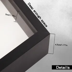 Détail en gros plan d'un cadre vitrine noir de 3 cm de profondeur montrant le coin