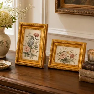 Elegantes marcos de fotos vintage europeos dorados con arte floral en una superficie de madera