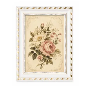 Marco de fotos blanco de estilo vintage europeo con detalles dorados y print floral