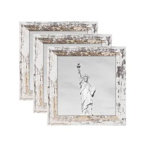 3er-Set rustikale quadratische Holzbilderrahmen mit weißem Distressed-Finish für Wohndeko