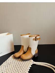 Retro patchwork western cowboy boots for women with stylish side buckle and canvas detail