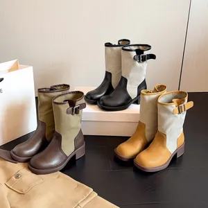 Vintage Western Cowboy Boots For Women Foldable Two-Way Wear Patchwork Canvas PU Mid-Calf Knight Boots Color Block Chunky Heel Boots