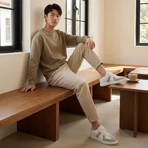 Totaalopname van witte en beige casual sneakers gedragen door model in een interieur
