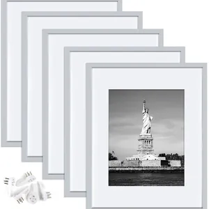 Set of 5 silver PVC photo frames with white mats and wall hooks for home gallery wall