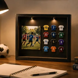 Detailed view of a shadow box display case featuring sports jersey pins and a photo