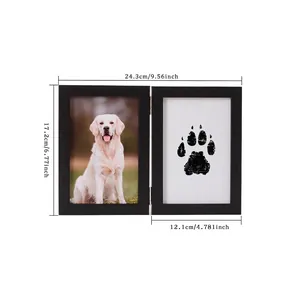 Black wooden hinged double pet paw print memorial photo frame with dimensions