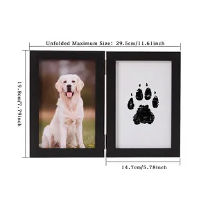Detailed measurement layout for double wooden pet paw print memorial photo frame