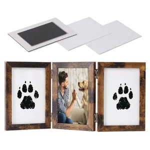 Keepsake wooden tri-fold picture frame kit for pet paw prints including ink pads and cards