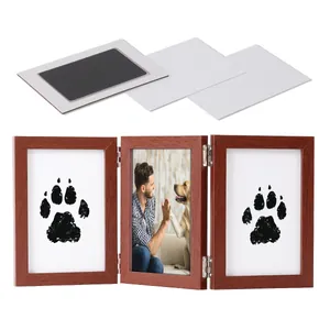 Handcrafted wooden triple fold pet paw print memorial photo frame kit with ink pad