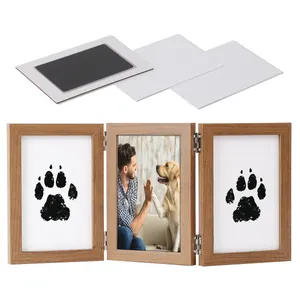 Wooden triple-fold pet paw print souvenir frame set with inkless pad and sample photo
