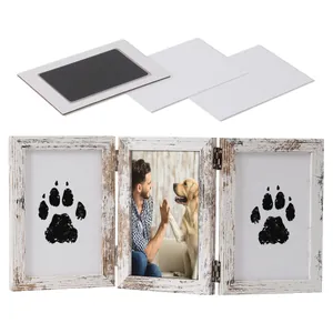 Rustic white wooden three-panel pet paw print keepsake frame set with inkless ink pad