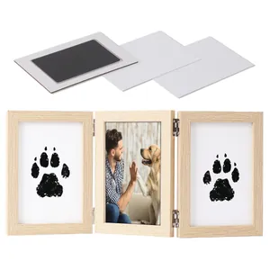 Wooden triple folding pet paw print memorial picture frame set including ink pad kit