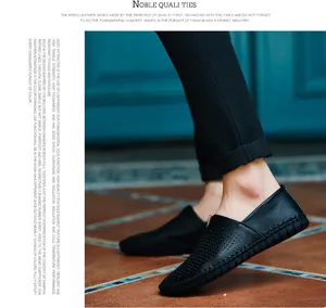Detailed view of men's black perforated leather slip-on loafers with lightweight EVA sole