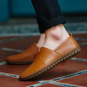 Premium men's first-layer cowhide leather slip-on loafers in brown casual style