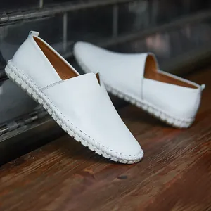 Premium white cowhide leather slip-on loafers for men with durable rubber sole