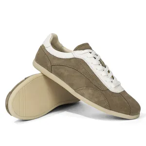 Retro olive brown suede men's sneakers with white leather details and low soles