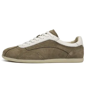 Retro olive green suede sneakers for men with slim sole and white leather accents