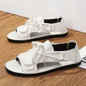Heren Casual Outdoor Microvezel Leren Sandalen Zomer High-End Mode Touw Veter Strandschoenen Ademend Rubberen Zool