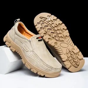 Breathable khaki leather loafers for men with non-slip thick rubber soles