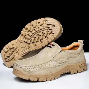 Detail of khaki men's loafers showing rugged outdoor sole and breathable upper.